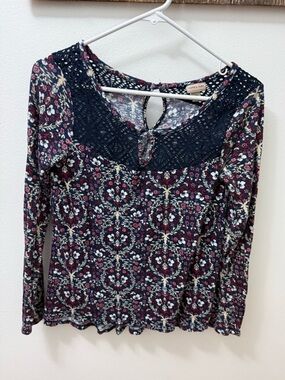 CAPE Juby Crochet Floral Blouse Blue Tassel Tie Long Sleeve Peasant Top size S